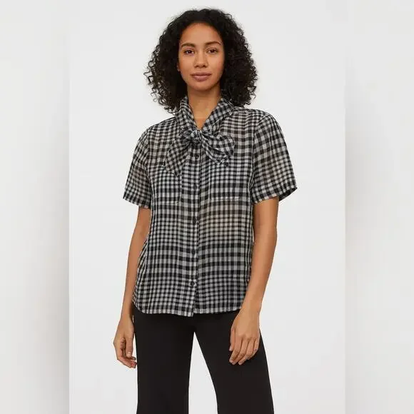 3.1 Phillip Lim Women's 100% Silk Gingham Check Short Sleeve Blouse Bow Size 6 - Picture 2 of 7